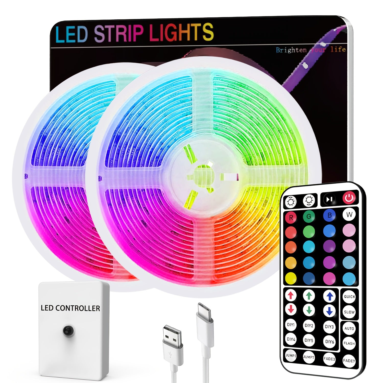 Type-C接口灯带，长度可选3.28到98.43英尺，具有RGB动态灯光和LED灯，配备44键遥控器和信号接收器，可更改模式，适用于天花板、卧室、酒吧、复活节庆祝活动