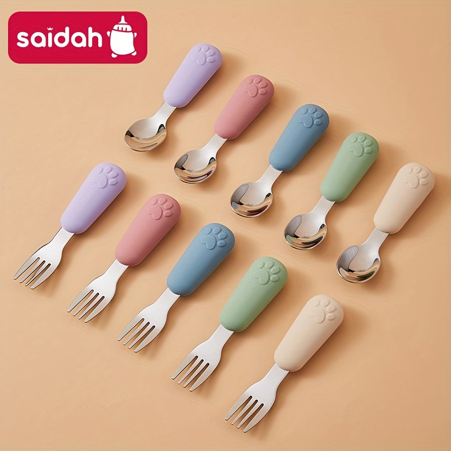 1/2 Set Bear Paw Shape Children's Short Handle Fork & Spoon Set – 304 Stainless Steel Non-Slip Grip | Baby & Toddler Self-Feeding Training Cutlery, Learning Meal Training Utensils