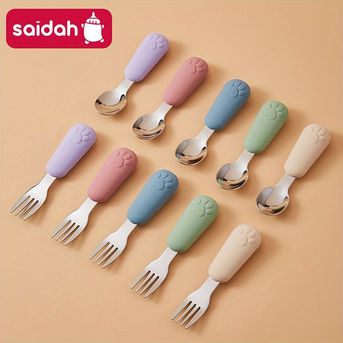 1/2 Set Bear Paw Shape Children's Short Handle Fork & Spoon Set – 304 Stainless Steel Non-Slip Grip | Baby & Toddler Self-Feeding Training Cutlery, Learning Meal Training Utensils
