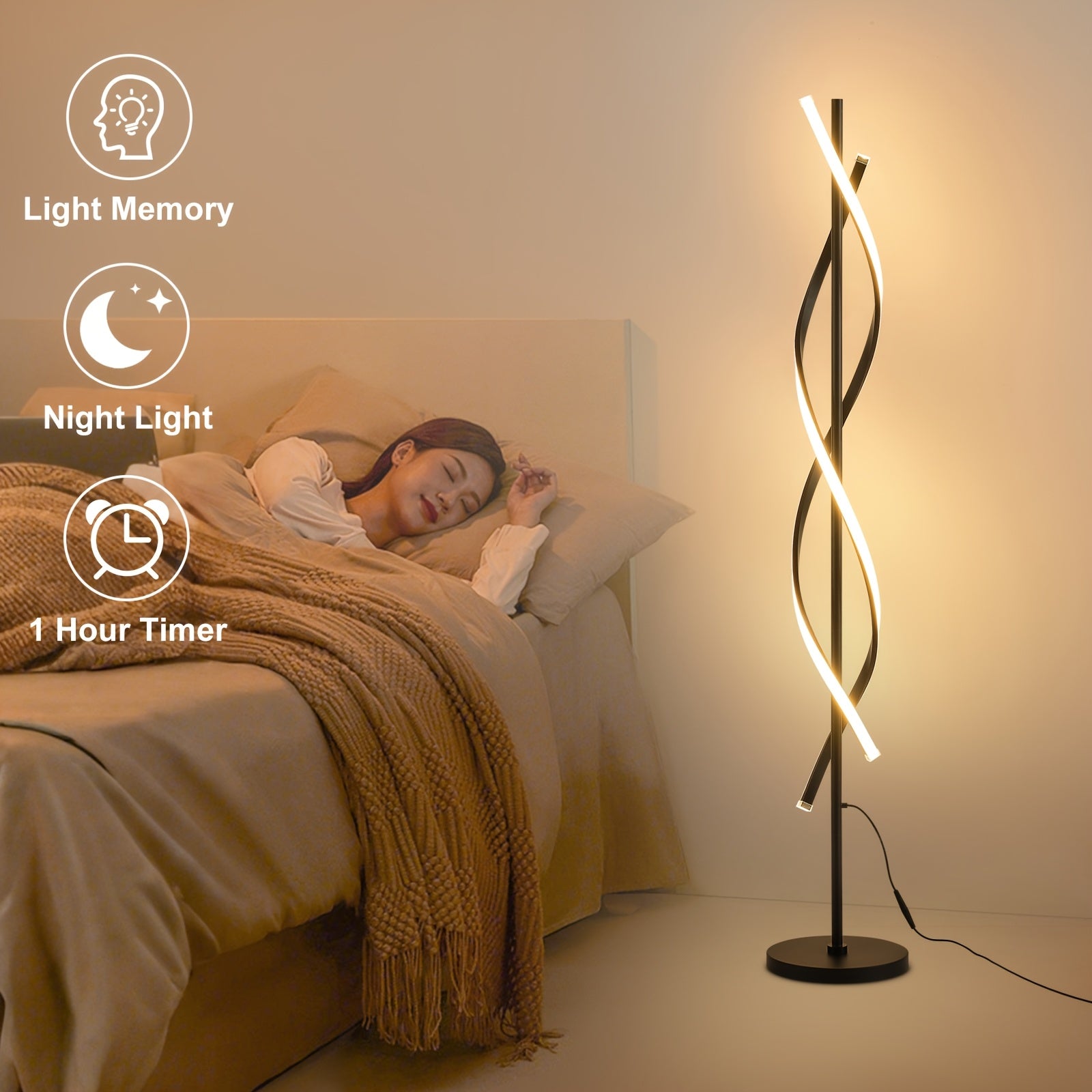 Modern LED floor lamp, 60" 3-color temperature spiral floor lamp, 360° luminous design vertical lamp, timer 48W dimmable reading floor lamp, high black and white corner floor lamp for living room, bedroom, office