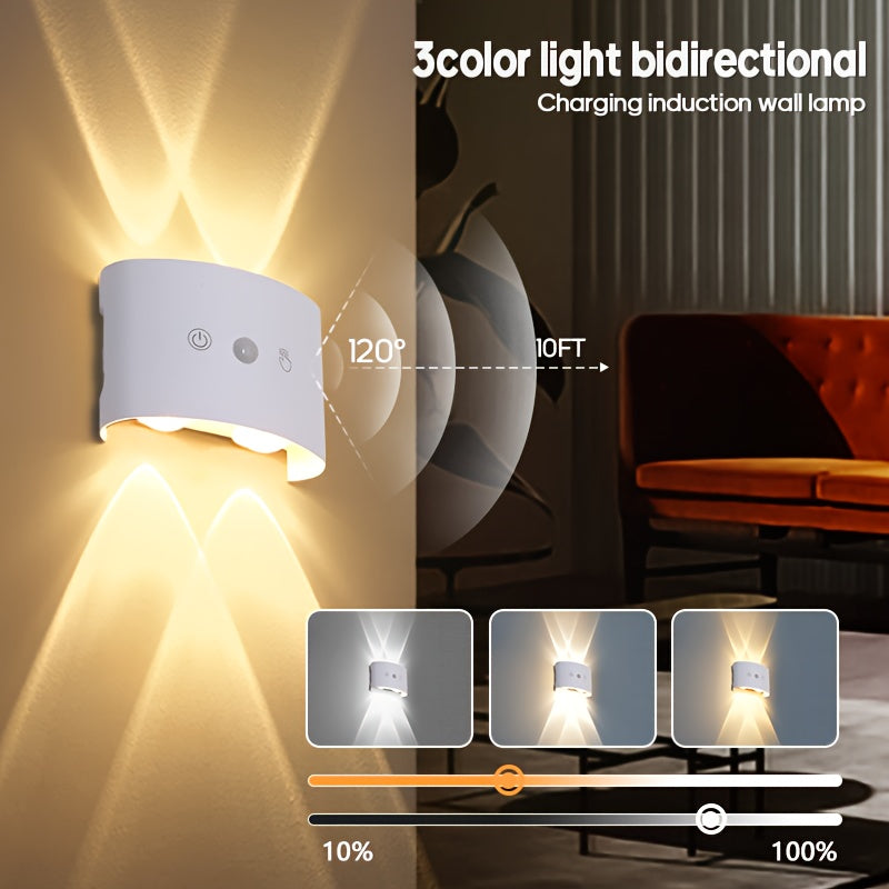 Dual-Head LED Wall Light with Motion Sensor, Touch Control, 3-Color Temperature LED Night Light, Adjustable Bedroom Spotlight and Ambient Lighting for Home and Hallway