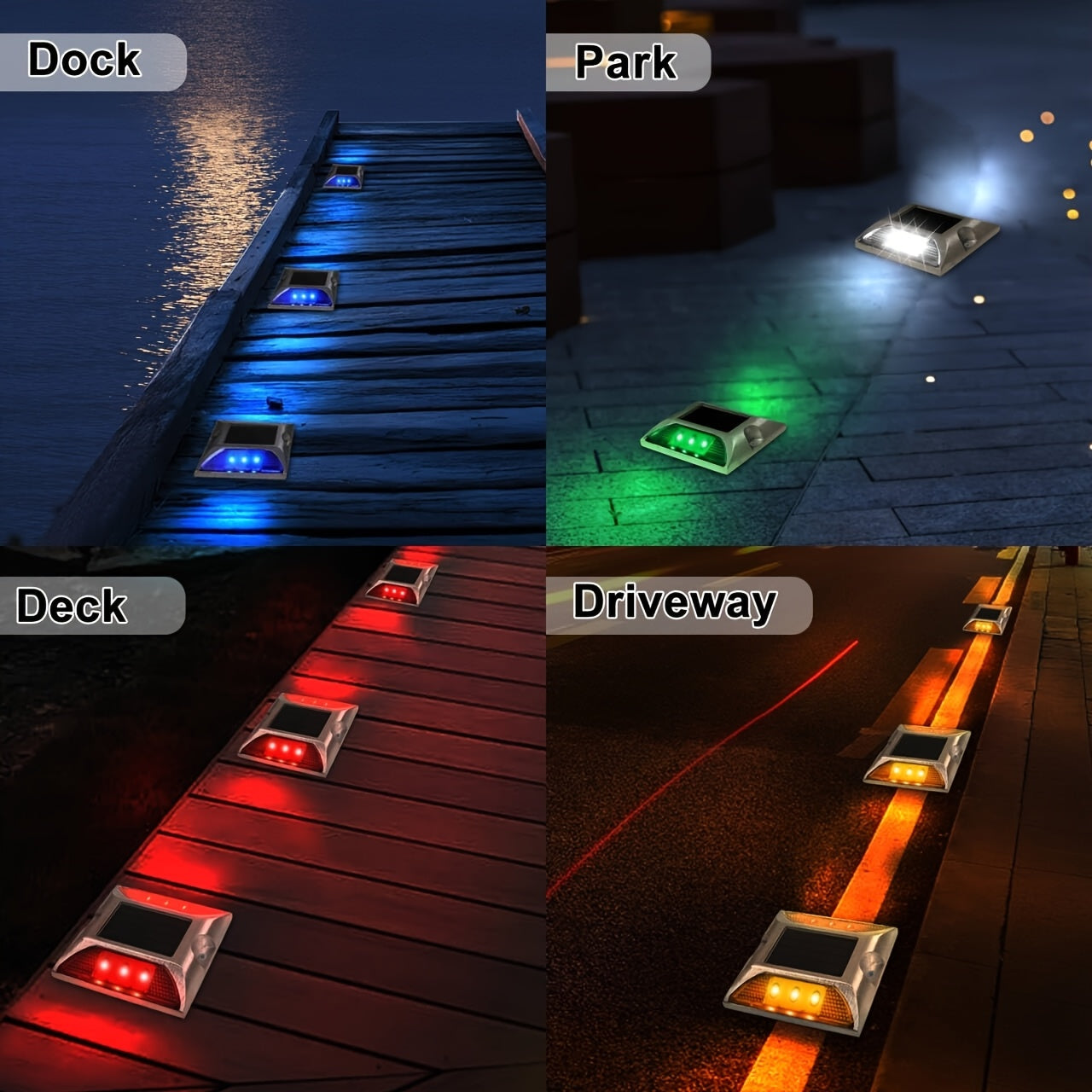 2/4 Pcs Solar Driveway Dock Lights, IP67 Solar Deck Lights, Outdoor Warning Step Lights Reflective Road Markers for Sidewalk Stair Garden Path Walkway (Red Green Blue Yellow Daylight White)