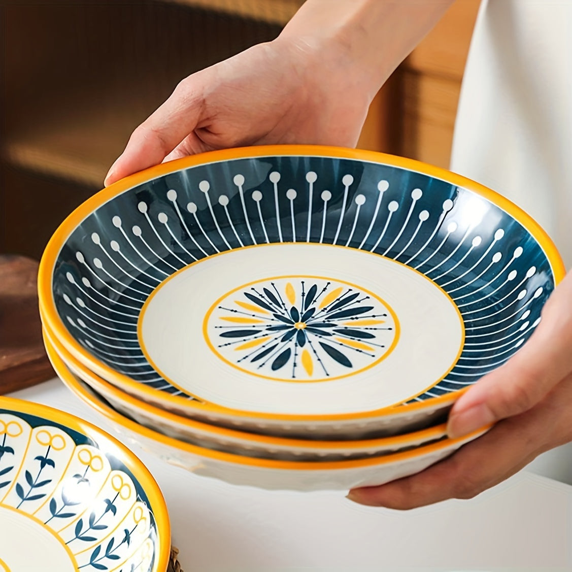 2pcs, 8-Inch Ceramic Bowls, Mixed Colors, Creative Shallow Soup Bowl, Pasta Bowl, Dessert Plate, Large Salad Bowl for Home Kitchen & Restaurant, Kitchenware, Tableware Accessories