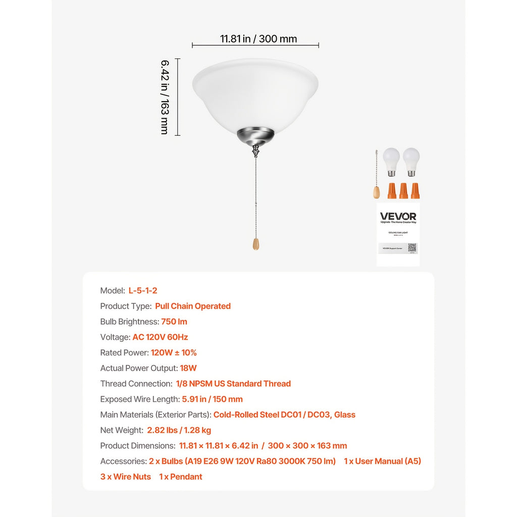 Ceiling Fan Light 1Pc Bowl Shape Pull Chain Design 750lm 110V Plug-Free S001 Available for All Stores