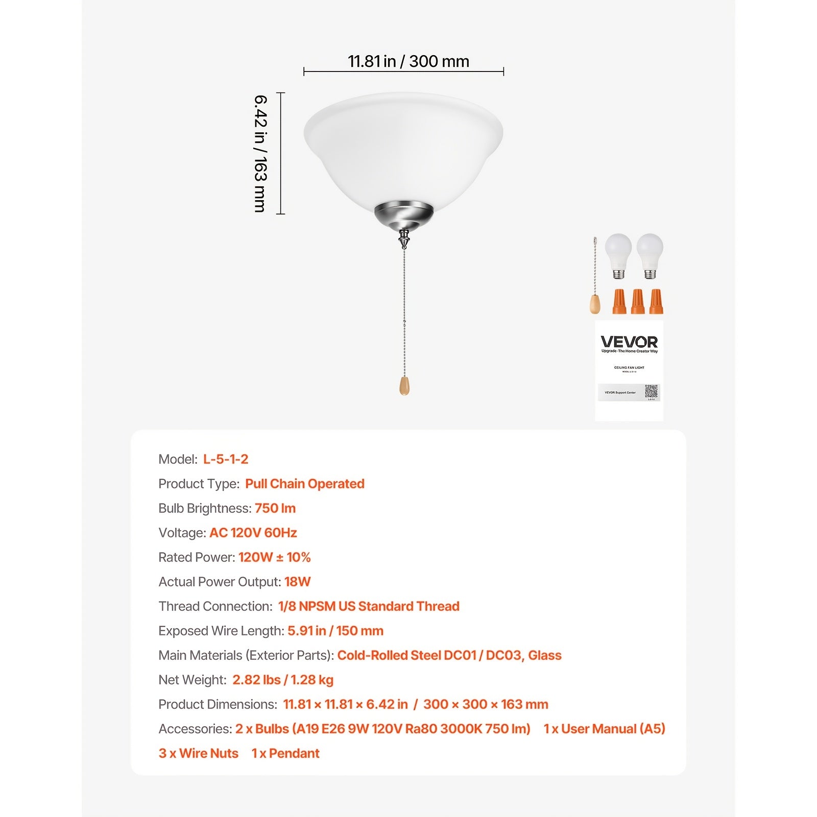 Ceiling Fan Light 1Pc Bowl Shape Pull Chain Design 750lm 110V Plug-Free S001 Available for All Stores