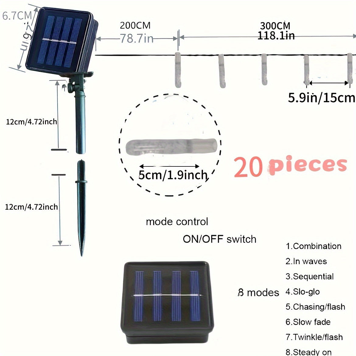 20LED气泡棒柱太阳能灯串，8种模式，IP44用于户外露营节日室内花园装饰彩灯串。
