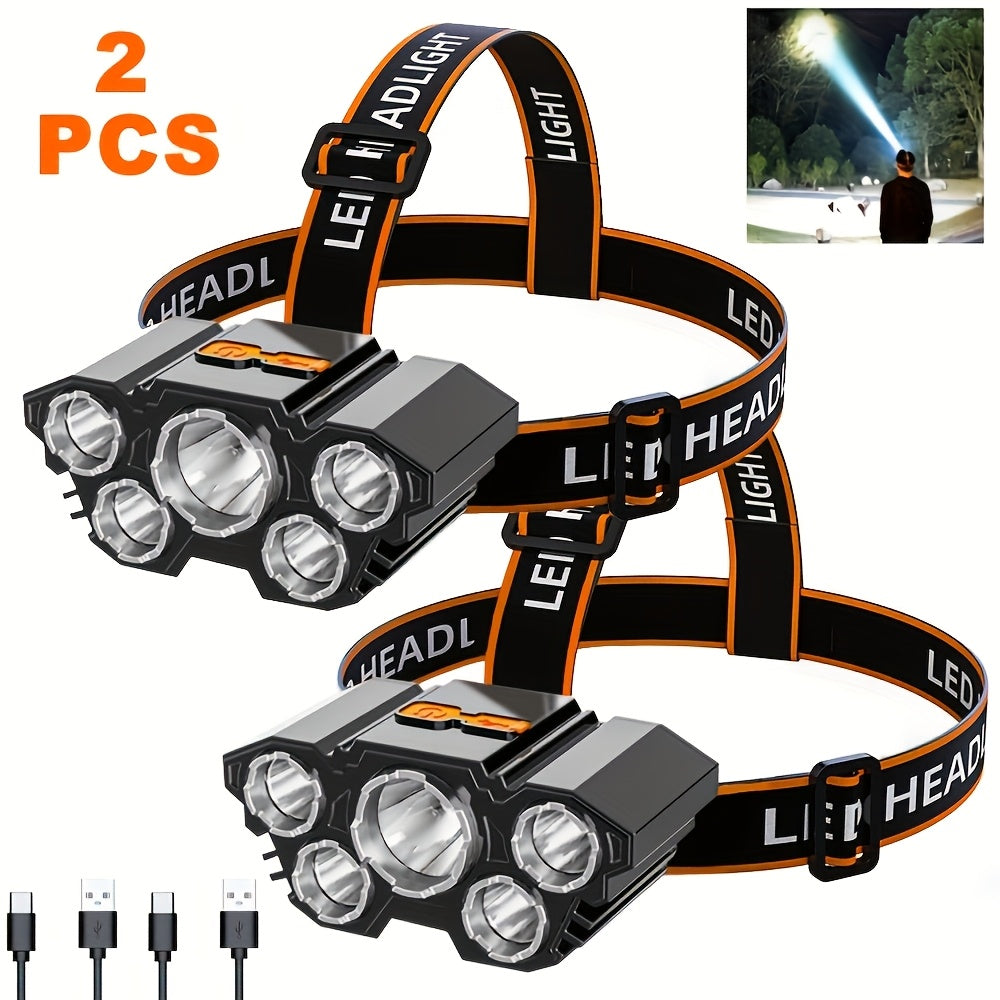 2 Pack Rechargeable Headlamp, 5LED Super Bright Headlamp Flashlight, Lightweight USB Charging Head Light, 3 Lighting Modes for Outdoor Camping Running Hiking Fishing