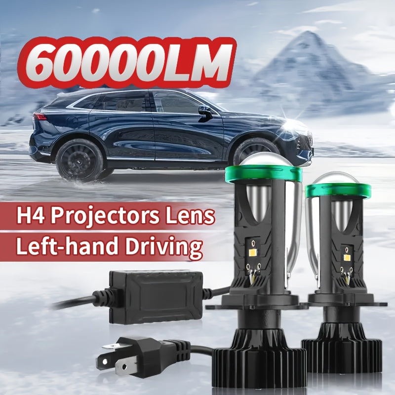 2 H4 High/Low Integrated Headlight Bulbs, 60,000 Lumens 420W 3570 CSP Chip New LED Projector Lens, 6000K White Light Super Bright Source, Suitable for Motor Vehicles, Left-Hand Drive, 12-24V, No Battery Needed