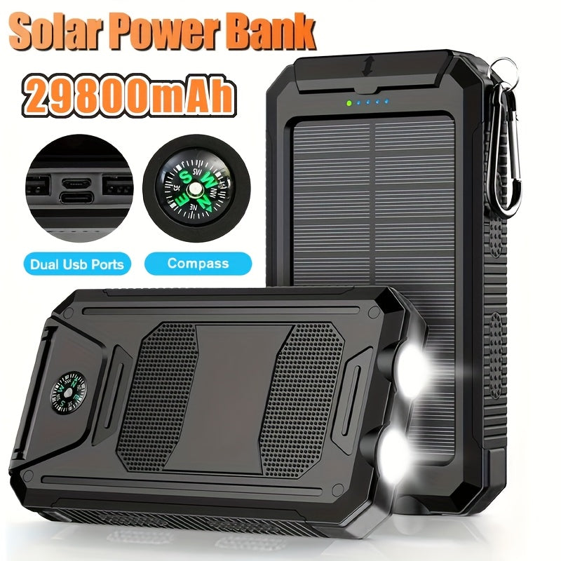 Portable Solar Mobile Phone Charger, Camping External Battery Charger for Mobile Phones, 2 USB/ LED Flashlights with Compass for Outdoor Activities, 19800/ 29800mAh Portable Solar Power Bank, the Best Gift for Festival