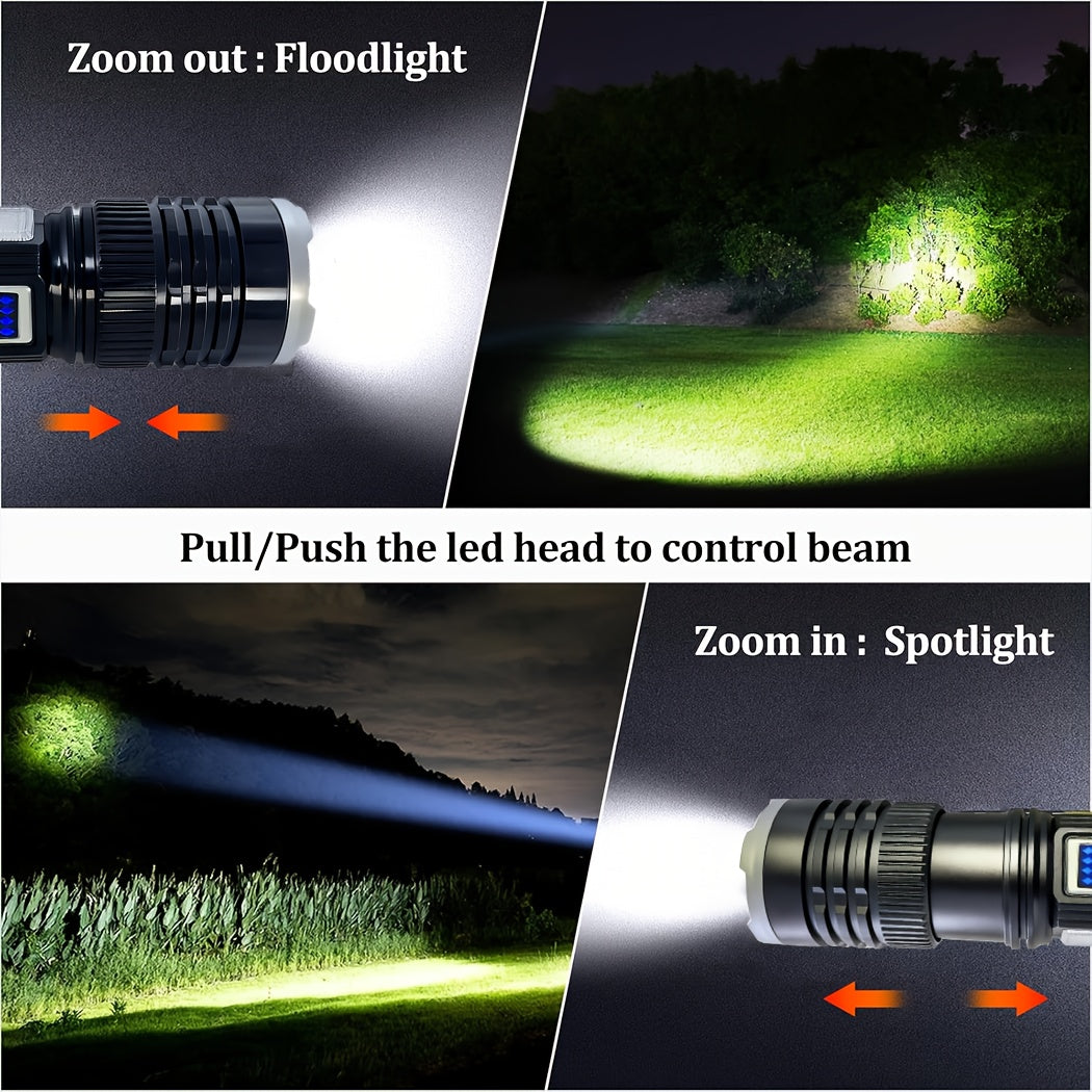 Solar Charging LED Flashlight High Lumen 2400mAh Battery COB Side Fill Light 9 Lighting Modes Zoomable & Beam Adjustable Non-Slip Grip Handheld Flashlight for Camping Mountaineering Home Daily Lighting