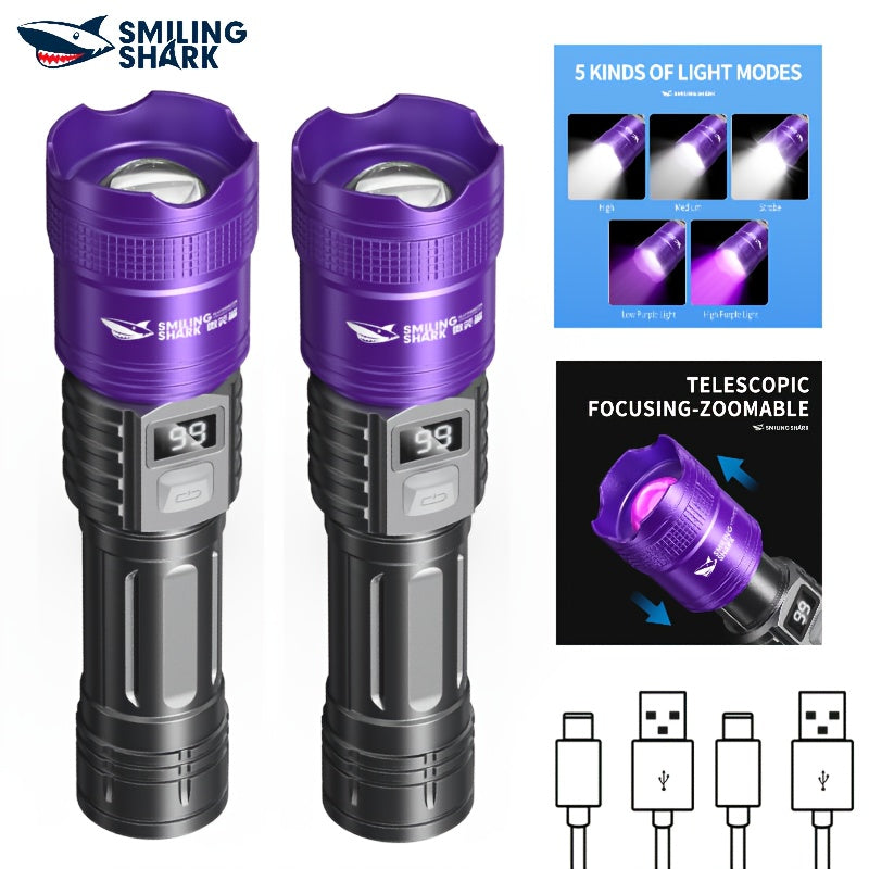 2-Pack Smiling Shark Rechargeable UV Flashlight | Xpe+395nm Purple Light, Retractable Focus Zoomable Flashlight, Detects Hidden Stains & Pet Soils, Lightweight & Portable, Built-in Lithium Battery, Long-Lasting, Ideal for Camping, Work & Travel