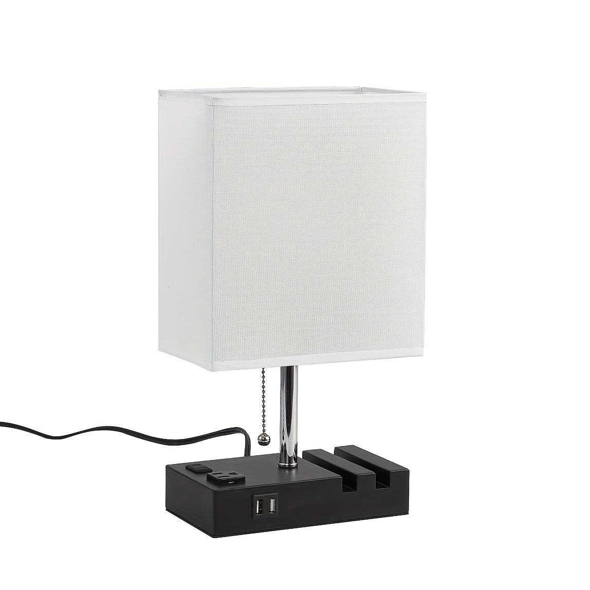 Large fabric table lamp, US standard, dual USB with AC 3-pin and 2-pin plug, with phone stand, with 3-color bulb