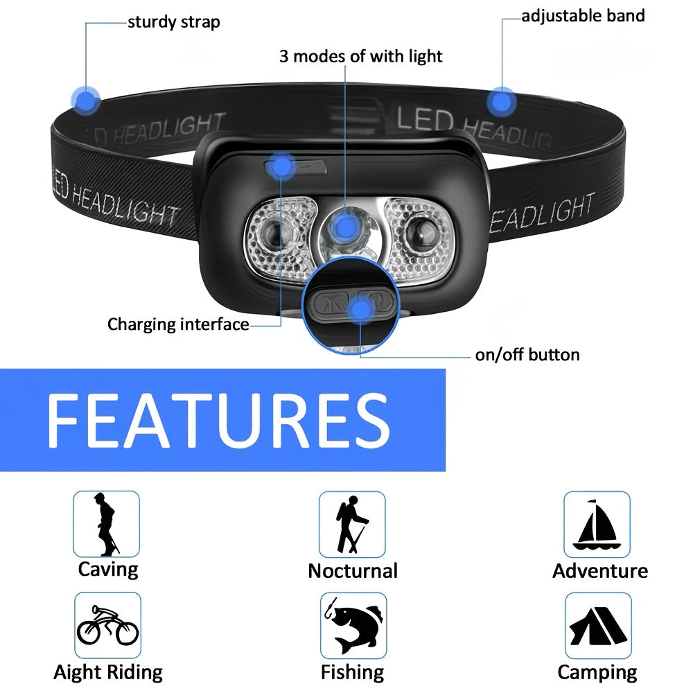 1Pc Rechargeable Fishing Headlamp, Adjustable Angle, Motion Sensor Hands-Free Flashlight, Portable Head Light for Camping, Reading, Running and Barbecue
