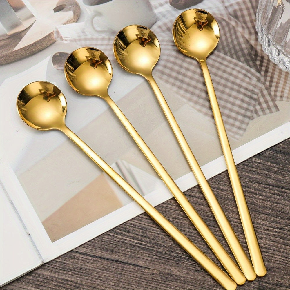 8-Piece Stainless Steel Long Handle Spoons Set - Gold Coffee Stirring Spoons & Tea Spoons, Elegant Home & Kitchen Utensils
