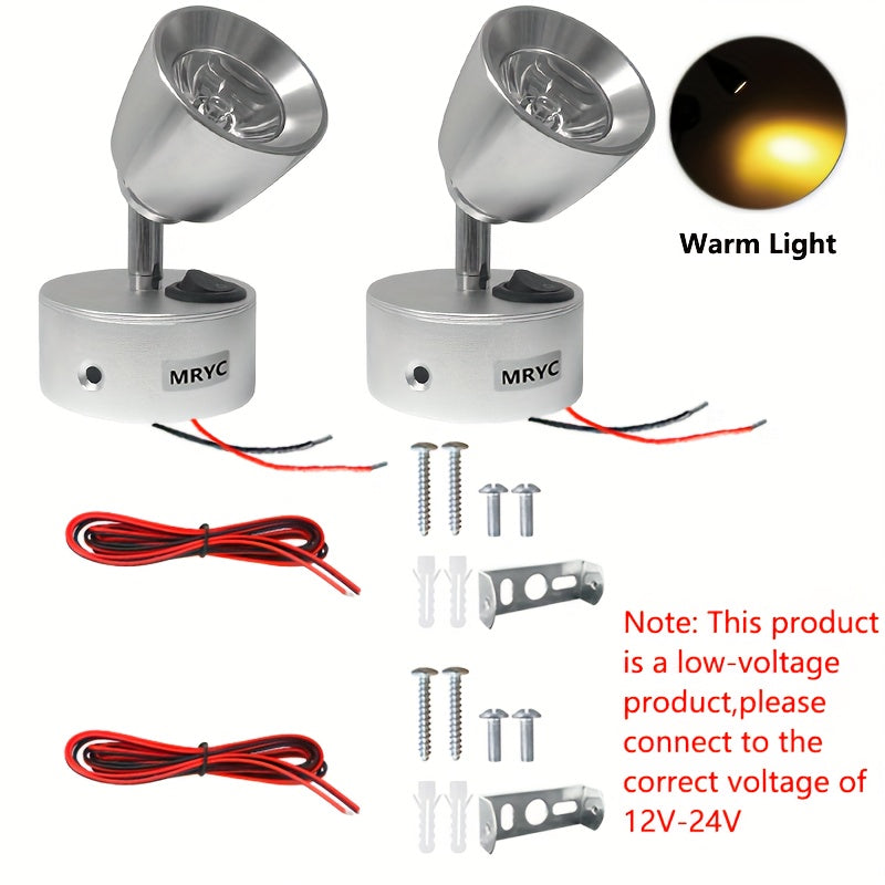 2pcs RV reading light rotatable LED spotlight, 3W with push button switch, suitable for camper van, station wagon, marine yacht interior lighting fixture, 3W bedside reading light, DC12-24V