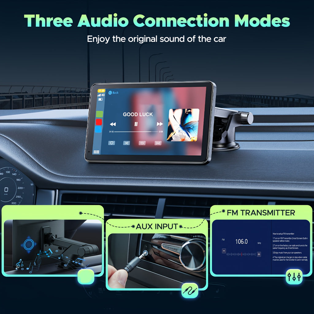 Lamtto Carplay Car Display, 7-Inch Wireless Portable Device, Compatible with Android System, Features GPS Navigation, Screen Mirroring, Voice Control & AUX/FM Functions