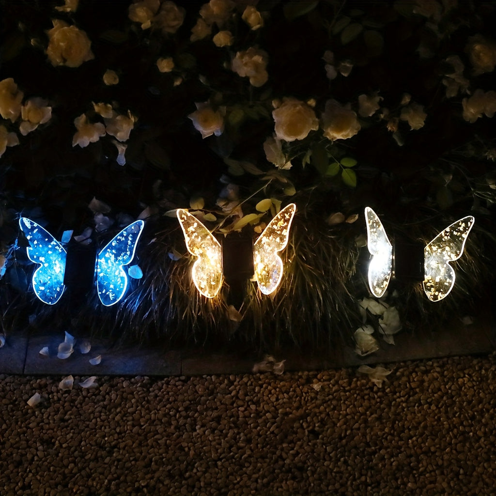 Solar Butterfly Light, Acrylic Wings with Gold Foil Decoration, Dual-Purpose Ground/Wall Light, Suitable for Courtyard, Villa, Garden and Path Ambient Lighting