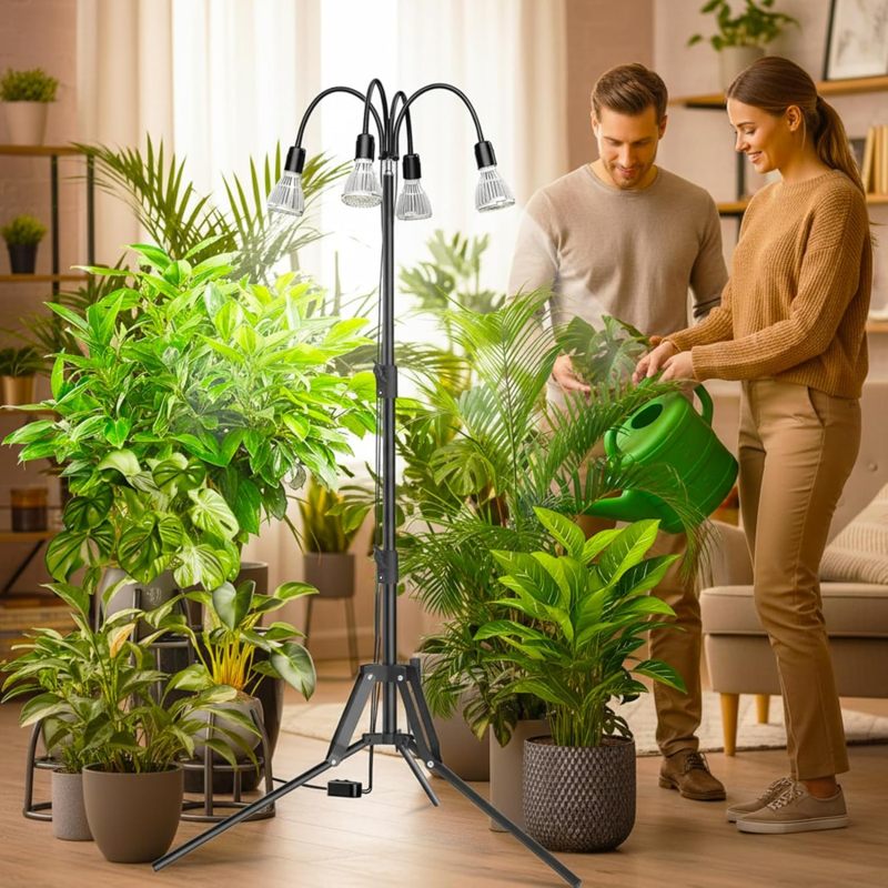 4-Piece Full Spectrum Indoor Plant Grow Light, Detachable Tripod Stand, Adjustable Height 35-64in, 128W Portable Grow Lamp for Seedlings & Potted Plants, Compatible with Indoor Grow Systems