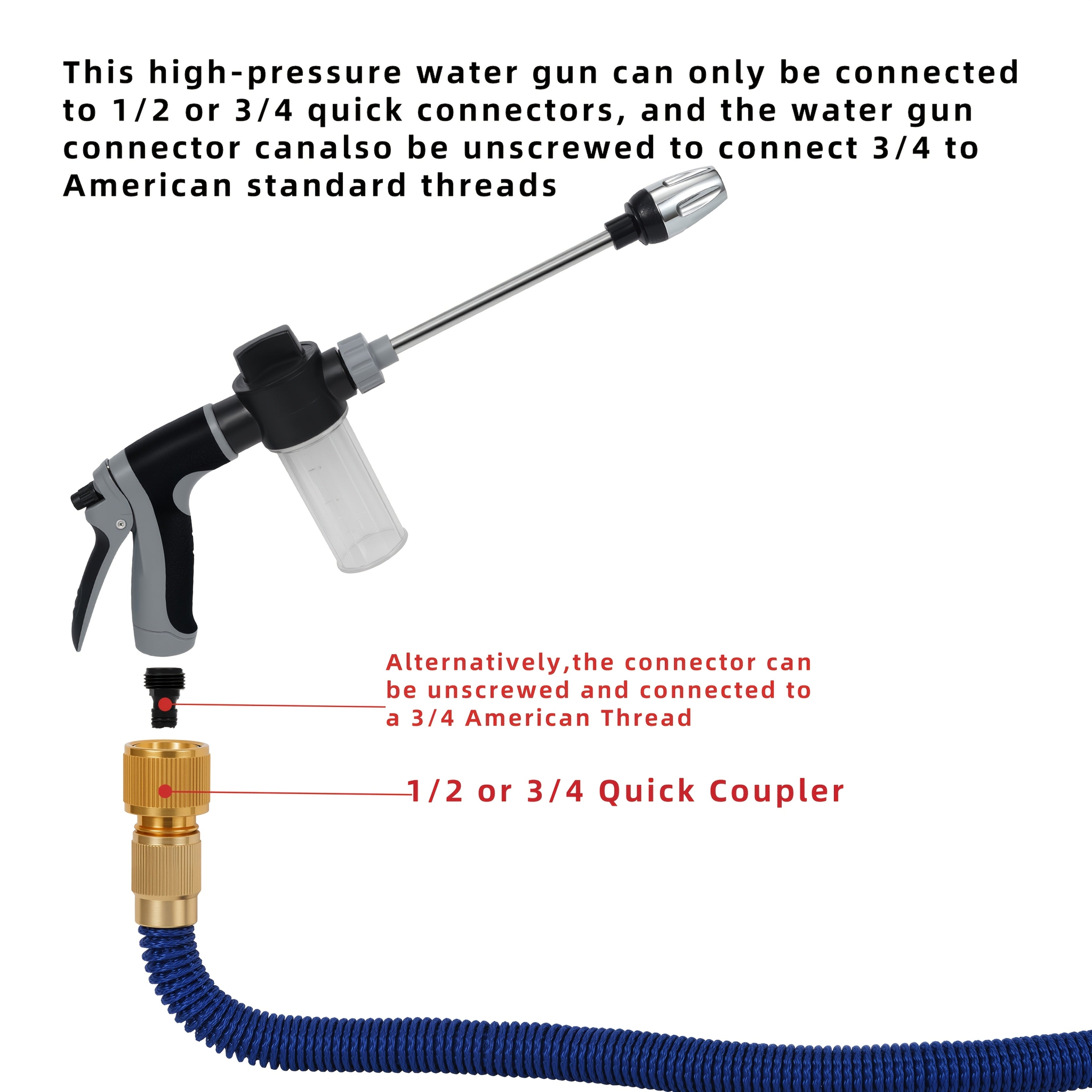 1 Portable High Pressure Car Wash Spray Gun - Durable Plastic 3/4" & 1/2" Quick Connect Adapter Multifunctional Garden Hose Nozzle with Adjustable Function, Christmas & Halloween Gift for Car, Home and Garden