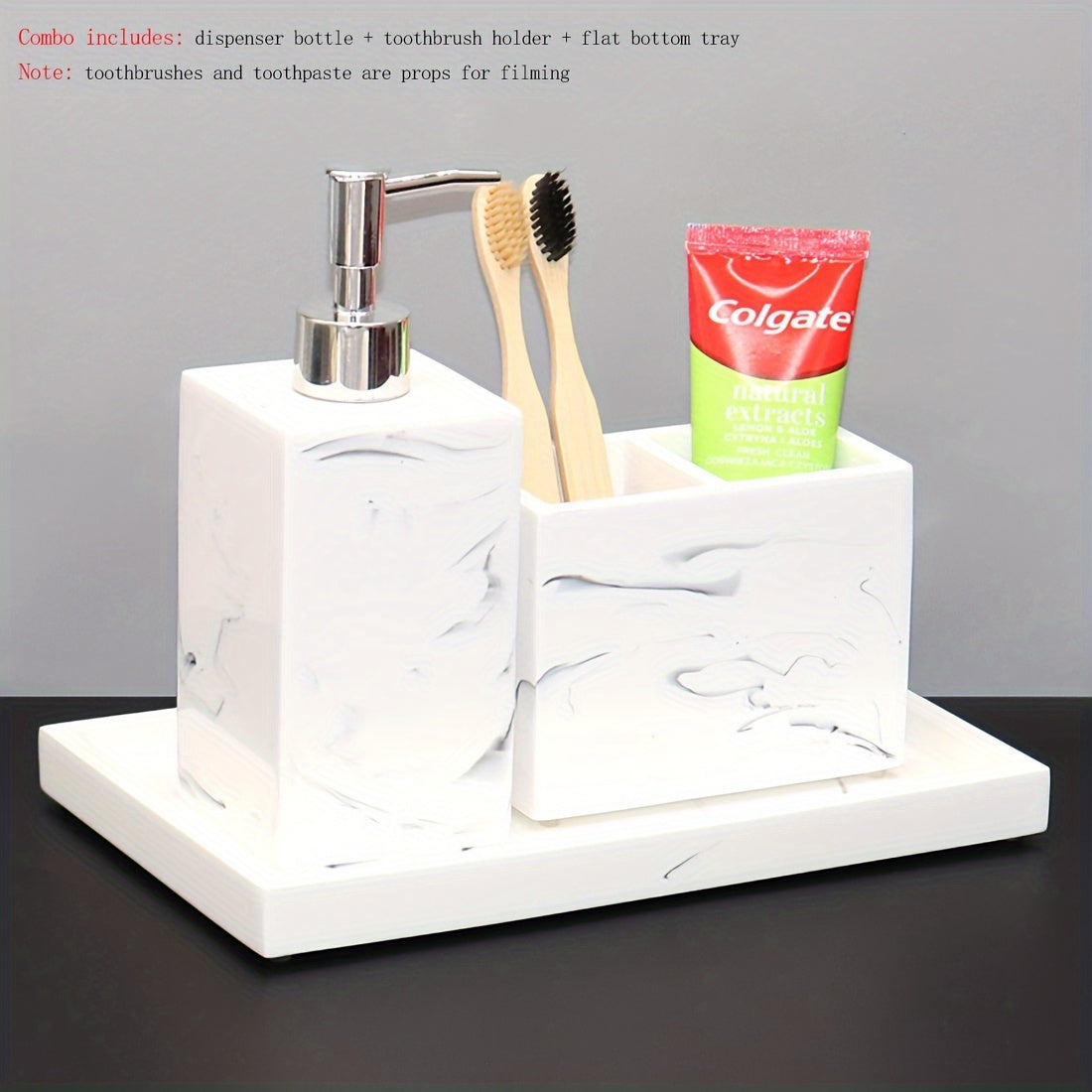 3-Piece Marble Grain Sandstone Finish Soap Dispenser & Toothbrush Holder Countertop Tray - Home Bathroom Apartment Decor Accessories, Soap Bottle Set