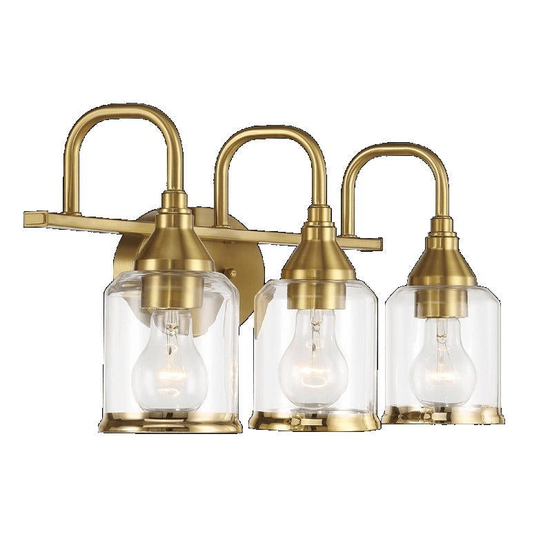 Twilight three-light brushed gold modern vanity light 22"W × 10"H × 7.48"E, with clear glass