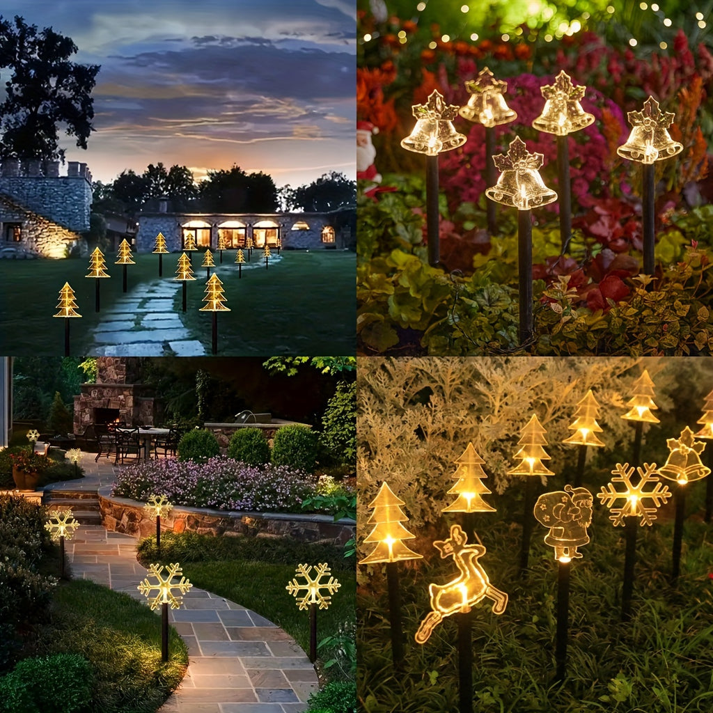 太阳能庭院地插灯，塑料太阳能桩灯，镍电池，用于路径：花园，景观照明，温暖光线，节日装饰五件套，雪花灯，圣诞老人灯，圣诞树灯，铃铛灯