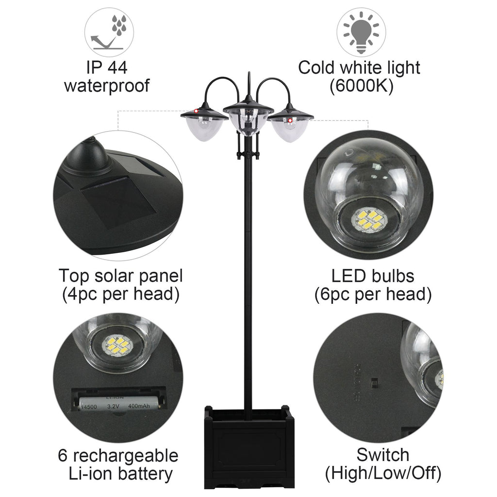 3-Head LED Solar Lamp Post Street Light with Planter, Solar Lamp Post, Black
