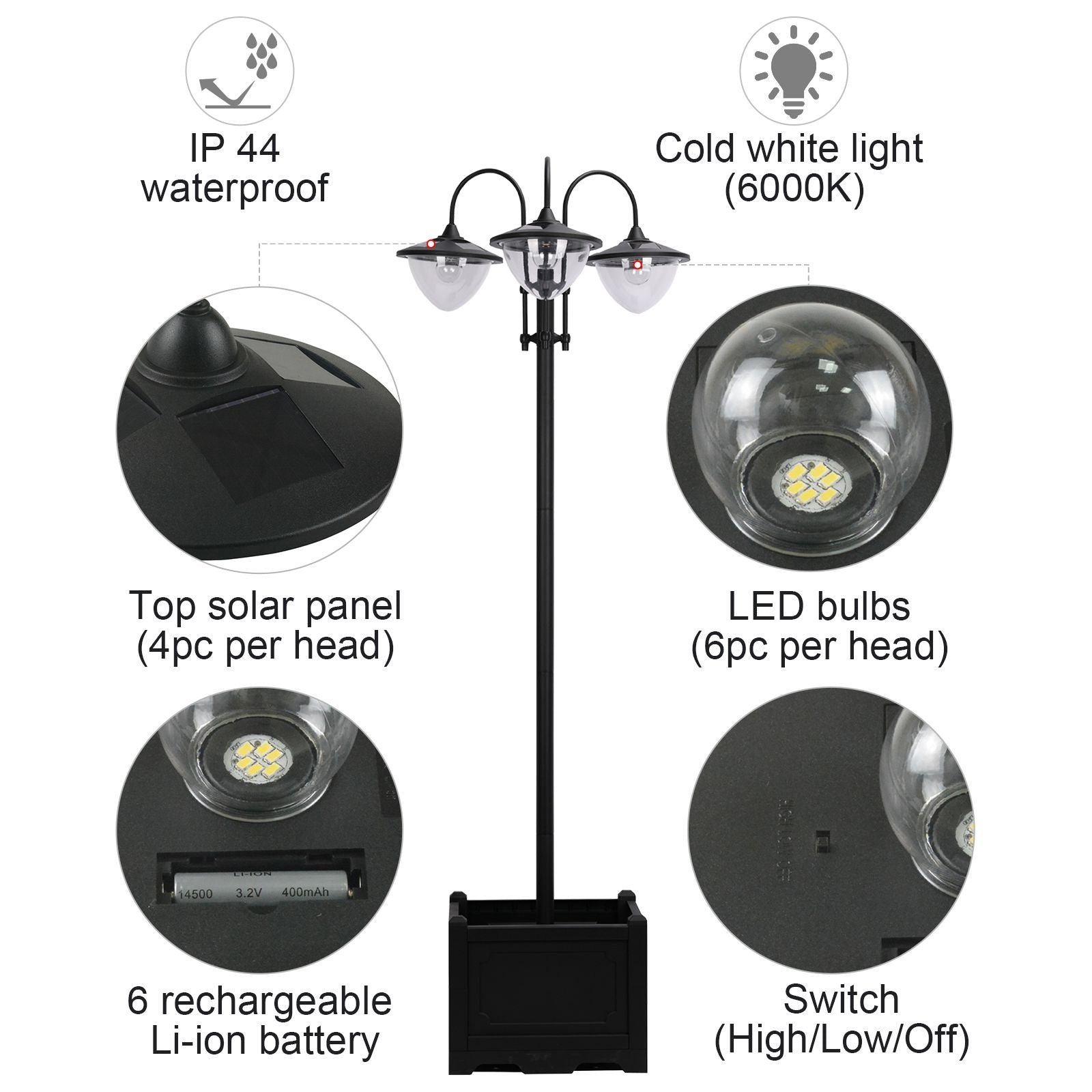 3-Head LED Solar Lamp Post Street Light with Planter, Solar Lamp Post, Black