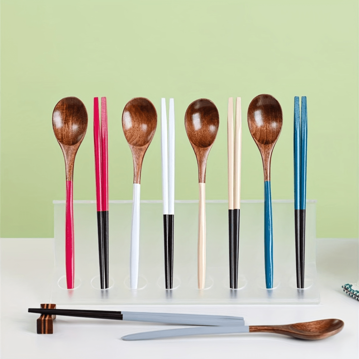 5-Piece Set Japanese Colorful Wooden Spoon & Chopstick Set – Reusable Cutlery Set – Made of Solid Wood