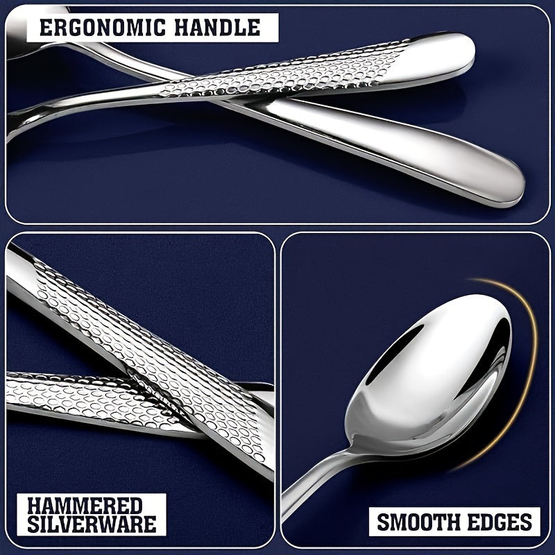 Hammered Silver Flatware Set, 40-Piece Stainless Steel Cutlery Set for 8 – Modern Kitchen Dinnerware Set, Includes Dinner Knife / Fork / Soup Spoon, Mirror Polished, Dishwasher Safe