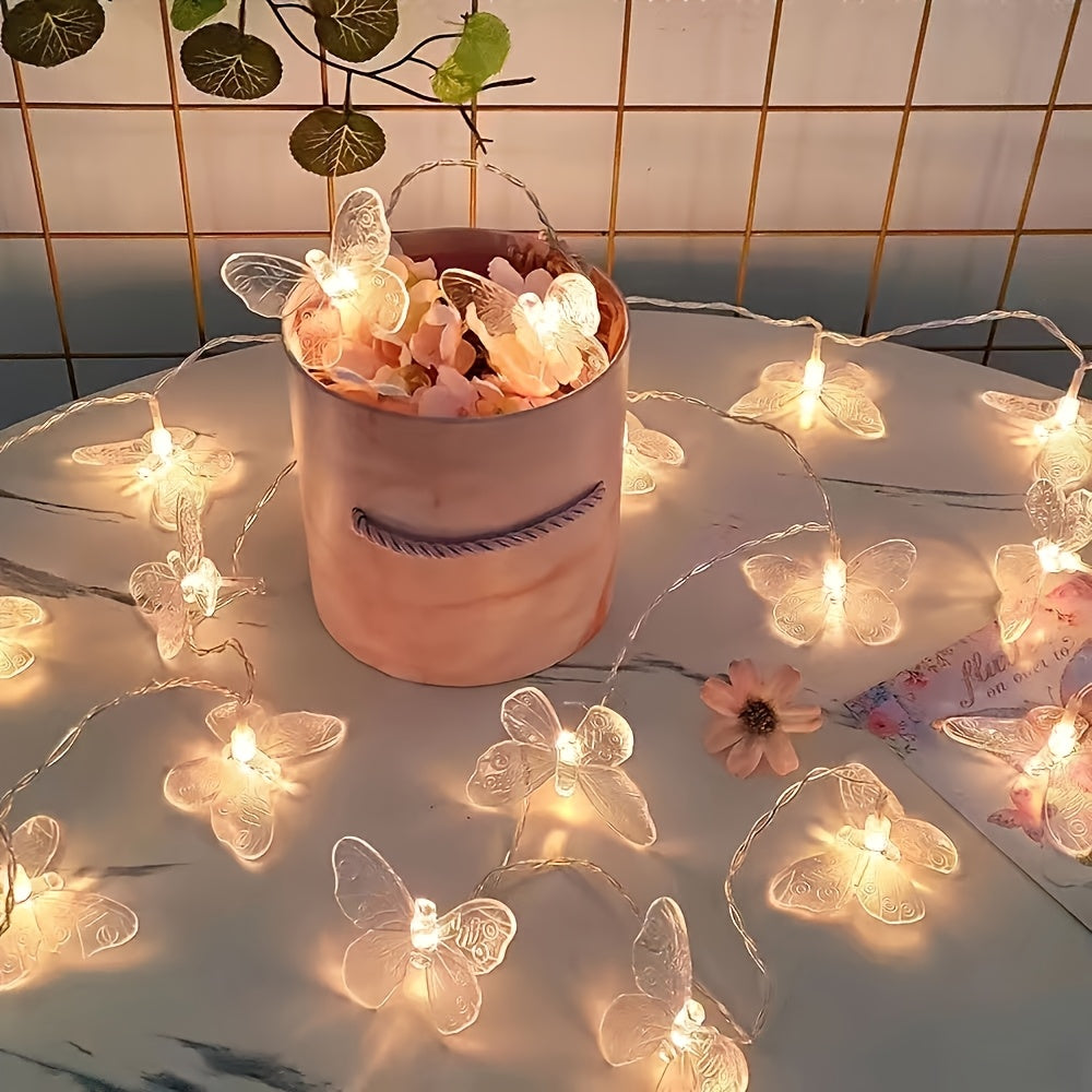 1个 1.5米/4.92英尺或3米/9.84英尺透明蝴蝶灯串，10/20LED，电池供电，塑料材质，经典款式，开关控制，适用于婚礼、订婚、圣诞节、万圣节、复活节、感恩节、情人节装饰