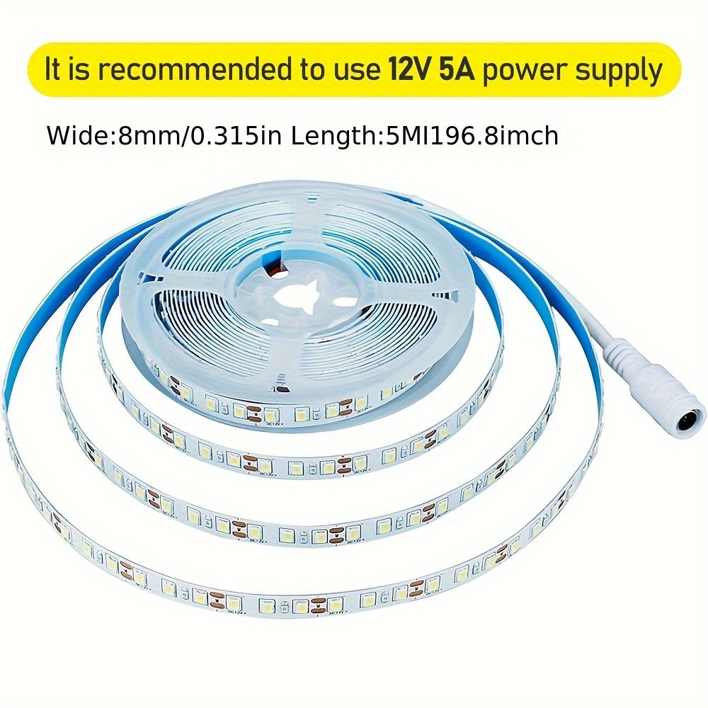 5M/16.4ft DC12V 600颗灯珠, 8mm宽 LED胶带灯自粘可裁剪高亮LED灯带，用于室内卧室客厅吊顶氛围灯带，生日圣诞派对装饰灯带, 家居厨房橱柜灯照明,舞台,商场,酒店,办公室柜下灯照明(无电源适配器)