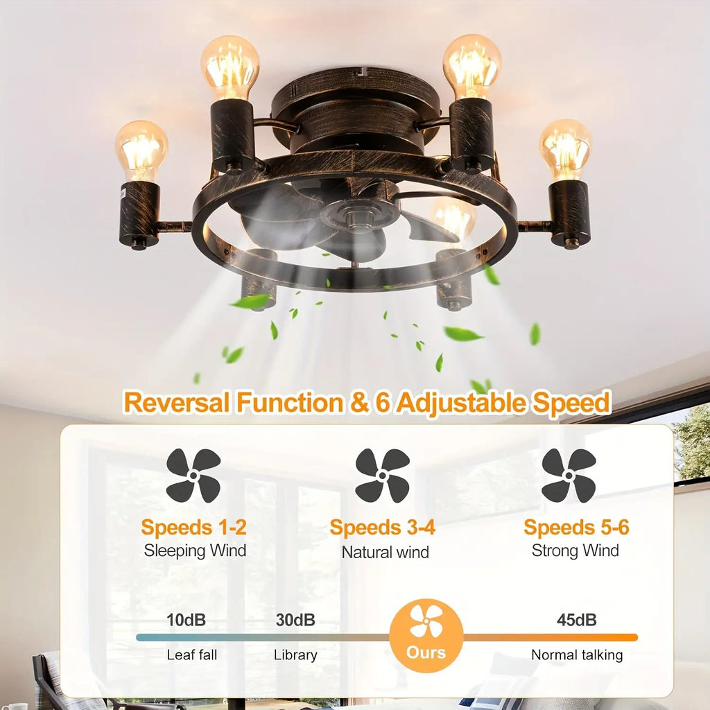 20 Inch Low Profile Flush Mount Ceiling Fan with Light - Remote Control, 6-Speed Quiet Motor, Timer Function, Reversible Fan & Light Control, Industrial Farmhouse Style for Bedroom, Bronze Finish with Grid Design