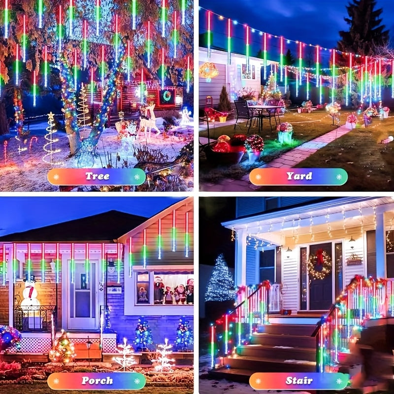 1 piece 30cm/11.81inch or 45cm/17.72inch solar meteor tube light outdoor, automatic on/off, smart light sensor, 192LED/288LED 8-tube hanging solar fairy light, IP65 high quality, suitable for garden, wedding, Christmas, Halloween, party
