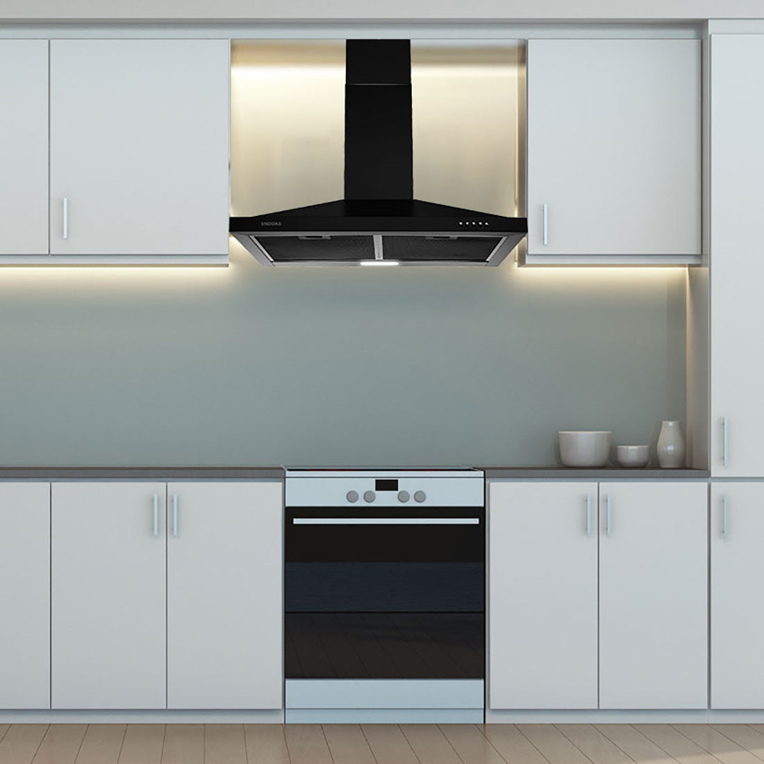 30-Inch Wall-Mounted Chimney, Pyramid-Shaped Kitchen Ventilation Hood with Push Buttons, 2 Aluminum Filters, 3-Speed Exhaust Fan, LED Light, Black Style