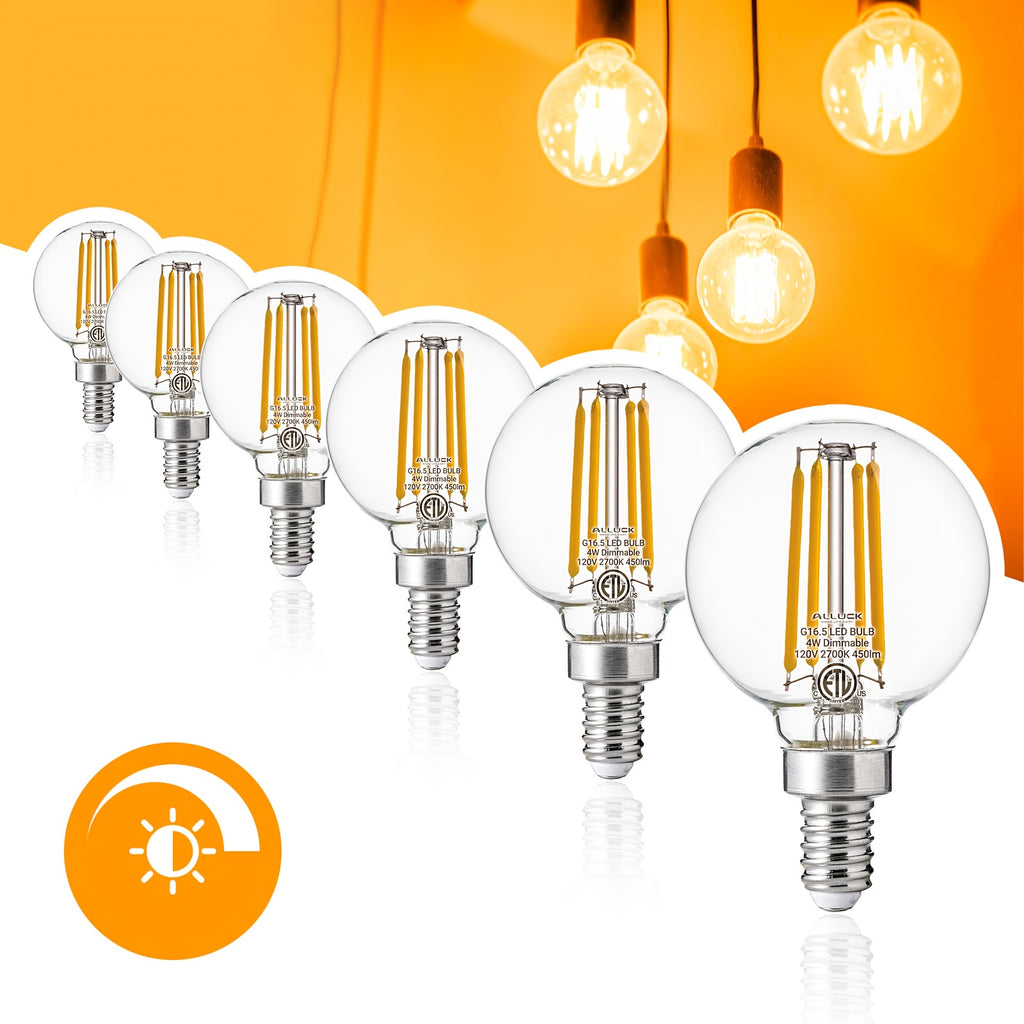 6-pack, G16.5 candelabra globe bulb, 4 watt 120V LED bulb, 450 lumens, 2700K warm white, 5000K cool white, E12 base Edison G50 LED bulb, G50 globe bulb suitable for chandeliers, vanity lights and pendant lights
