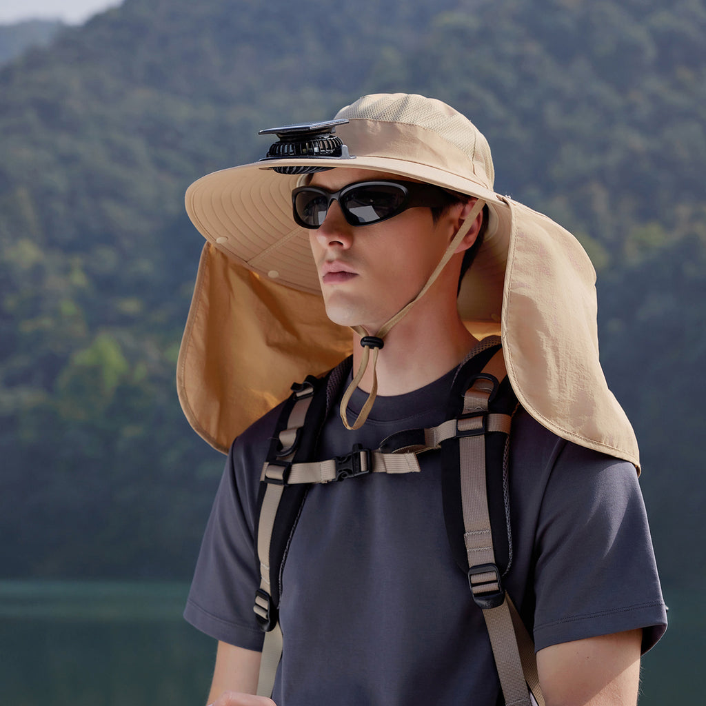Men's Solar Cooling Hat - Wide Brim UPF Sun Protection Hat, Lightweight Beige/Orange Outdoor Travel Camping Hat with Lanyard, Hands-Free, Hiking Gear, Fashion Headwear, Comfortable Fit