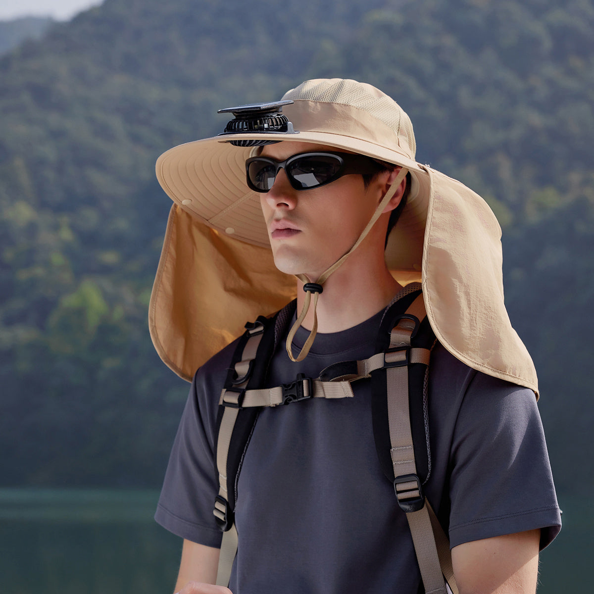 Men's Solar Cooling Hat - Wide Brim UPF Sun Protection Hat, Lightweight Beige/Orange Outdoor Travel Camping Hat with Lanyard, Hands-Free, Hiking Gear, Fashion Headwear, Comfortable Fit
