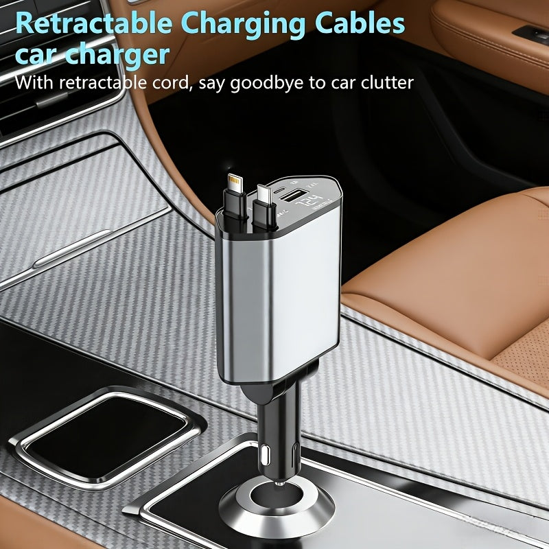 [W&O] Car Phone Charger, 4-In-1 Fast Car Charger Adapter with Dual Cable Retractable Phone Charger Cable, Fast Charging, Compatible with Type-C And IOS Dual Systems, 2 Ports (USB-A And USB-C) Universal Cigarette Lighter USB Interface
