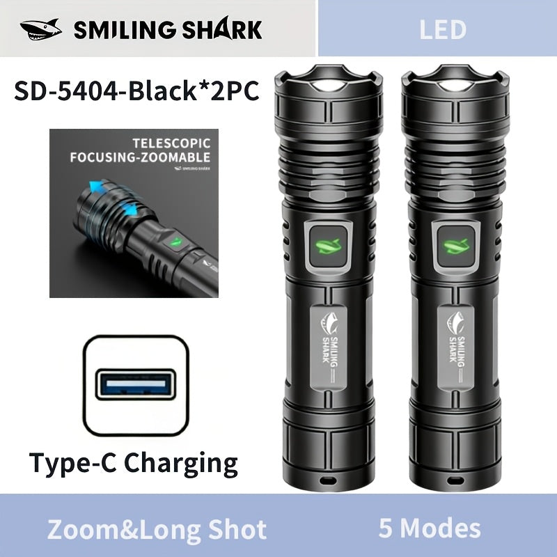 1Pc/2Pcs/3Pcs SMILING SHARK Rechargeable Flashlight, Super Bright Handheld Light, LED Torch, Zoomable High-Light Flashlight, Telescopic Design, Ultra-Long Battery Life, 5 Lighting Modes, Ideal for Home Emergency Hiking Travel SD5404