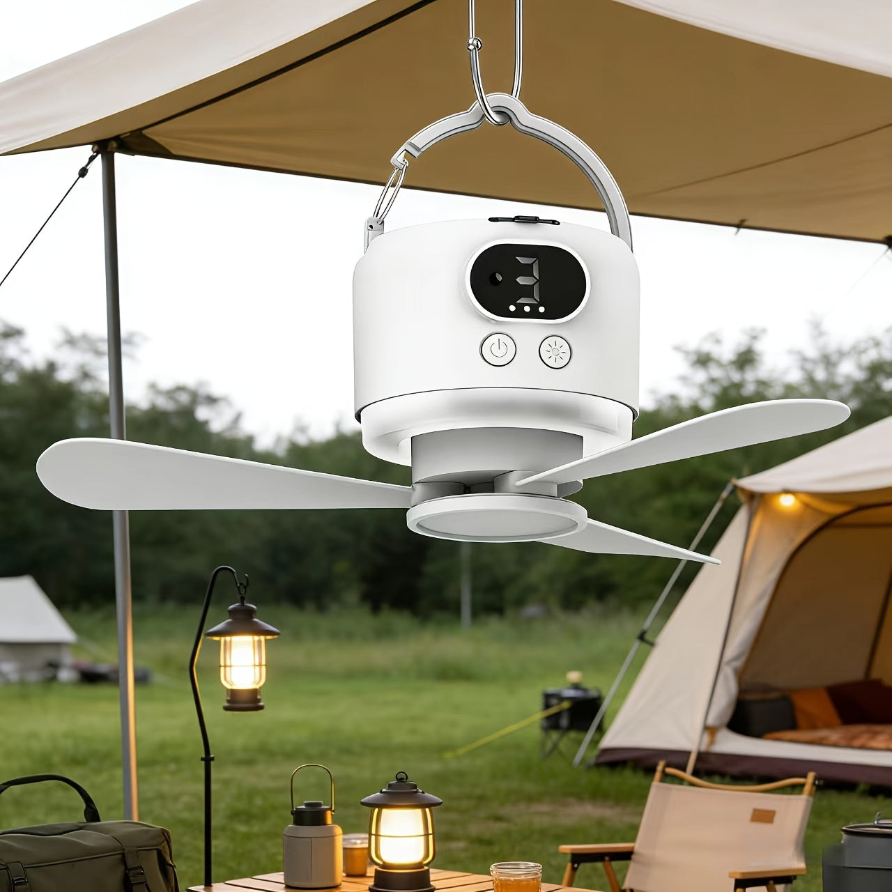 New Multifunctional USB Rechargeable Outdoor Camping Fan, Must-Have for Beach Camping, Universal Silent Remote Small Ceiling Fan for Dorm & Mosquito Net, 3-Speed & 3-Level Light Smart Fan Light, Tent Cooling Fan