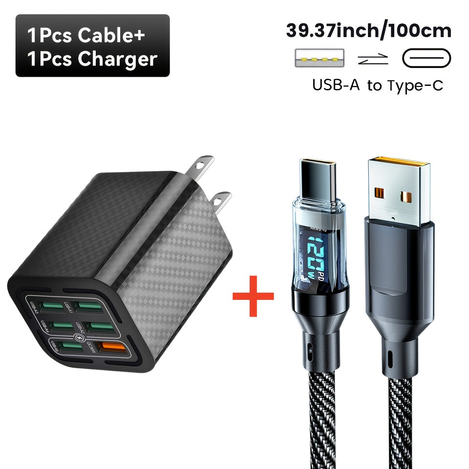 6 Ports USB Charger QC Fast Charging US Plug with 39.37inch USB to Type-C Cable, Fast Charger Power Adapter for iPhone 17, for Xiaomi, for Samsung Wall Charger- Ideal for Home And Travel, Multidevice Charging, Home Charging Station, Compact Design