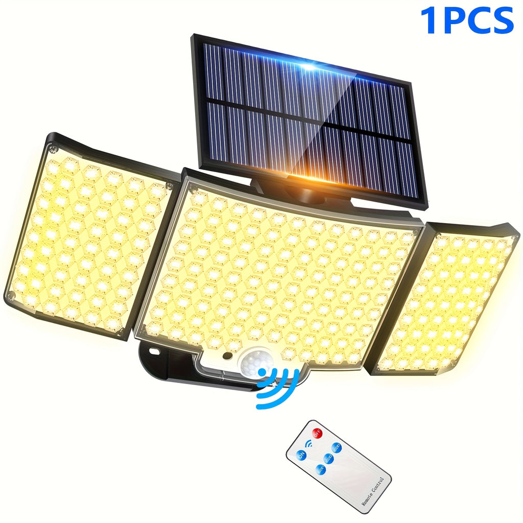 1/2 Pack Outdoor Solar Light, Motion Sensor Light, Porch and Garden Light with 212 LEDs, Exterior Wall Light with Remote Control, IP65 Waterproof Rating, 3-Head Security Floodlight, 270° Wide Angle, 3 Modes, Perfect for Courtyard, Pathway