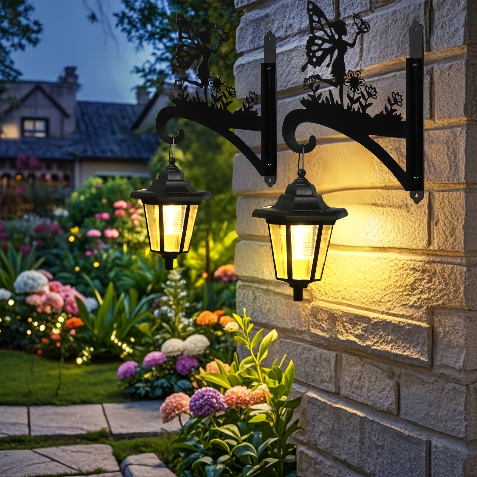 OTDECOR 2-Pack Outdoor Hook Wall Light with LED Lantern, IPX4 Butterfly Flower Fairy Silhouette Iron Wall Decoration, Suitable for Balcony, Courtyard, Walkway Decoration, Ideal Choice for Outdoor Decoration.