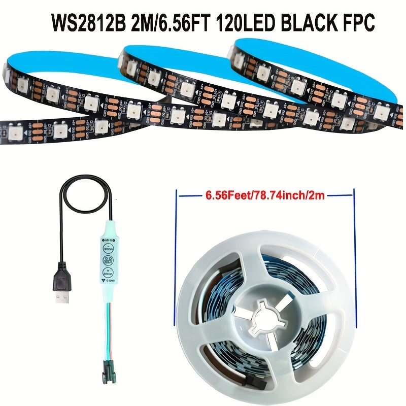 AOEVK 16.4Ft 智慧型 LED 燈條 5050 RGB+IC，具追蹤效果 - WS2812B 可獨立識別，USB 5V 每公尺 60 LED，電視背光燈 (適用於 50-85 吋螢幕)，適用於居家和牆面裝飾、萬聖節、聖誕節
