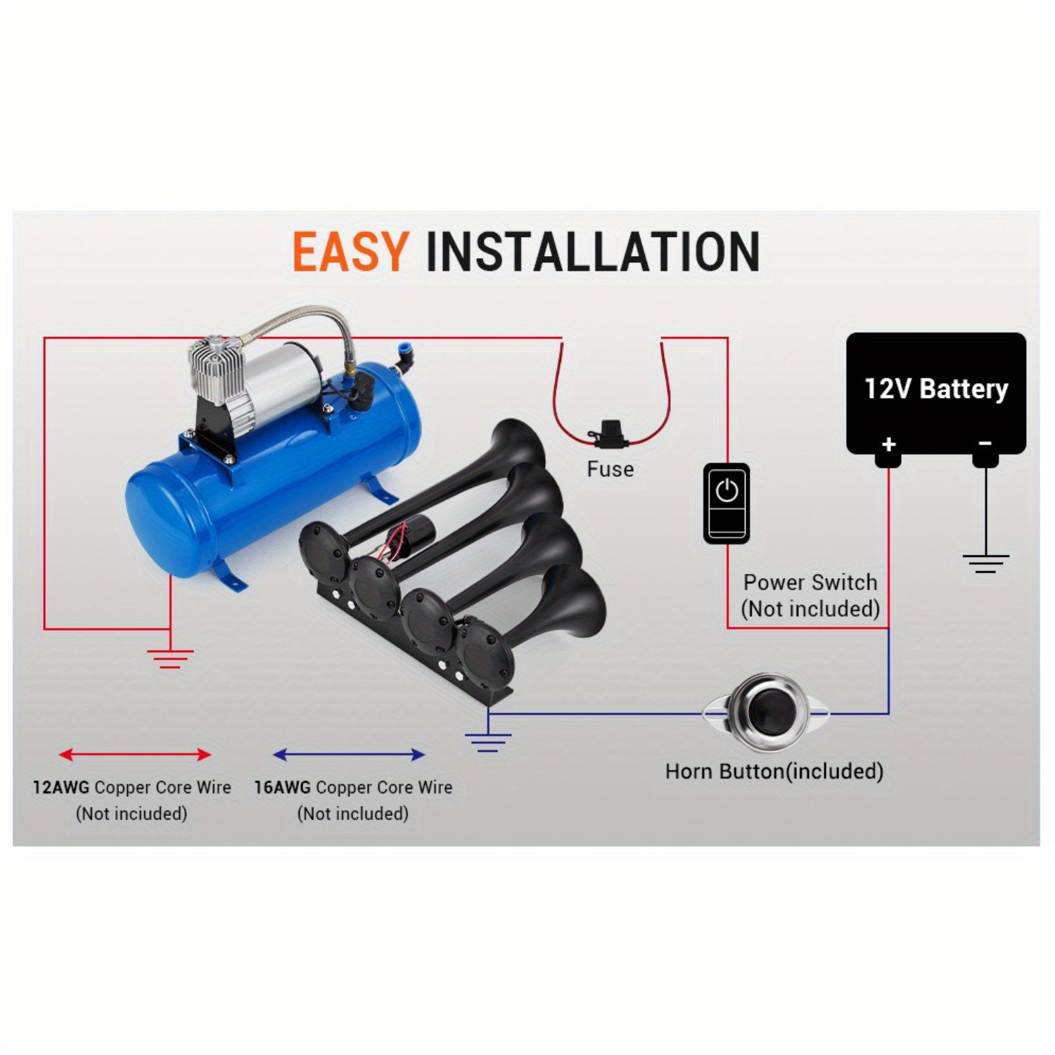 4-Horn Steel Train Horn Kit, 12V 135dB Truck Air Horn Kit with 1.6 Gallon Air Tank & 150 PSI Air Compressor, All-Weather Year-Round Use, Fits Pickup Trucks, Cars, Motorcycles, Semi-Trucks, Jeeps, RVs, SUVs, Vans, Boats, Blue