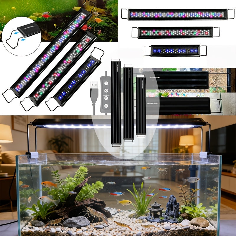 Black Smart USB Aquarium Light, 6H/8H/12H Timing Options, Multi-Level Brightness Adjustment, 3-Color LED Fish Tank Light, Suitable for Aquariums, Freshwater Tanks, Planted Tanks and Reptile Tanks