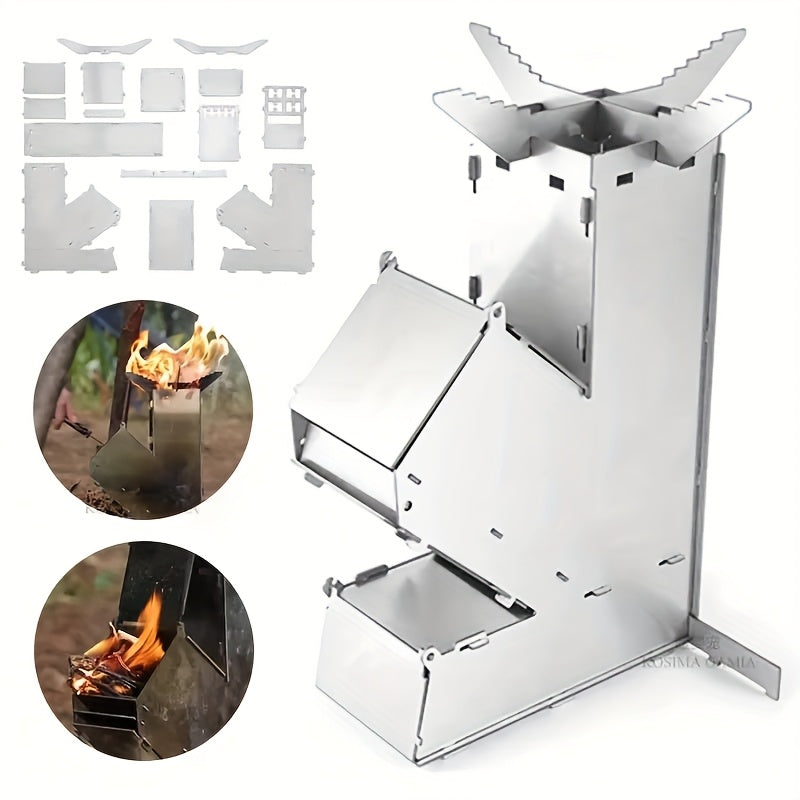 Portable Stainless Steel Outdoor Rocket Stove – Foldable Wood-Burning Camping Stove with Chimney Effect, Lightweight Wood-Burning Cooker for Camping, BBQ, Backyard – No Propane Needed, Ash-Free Operation, Includes Storage Bag