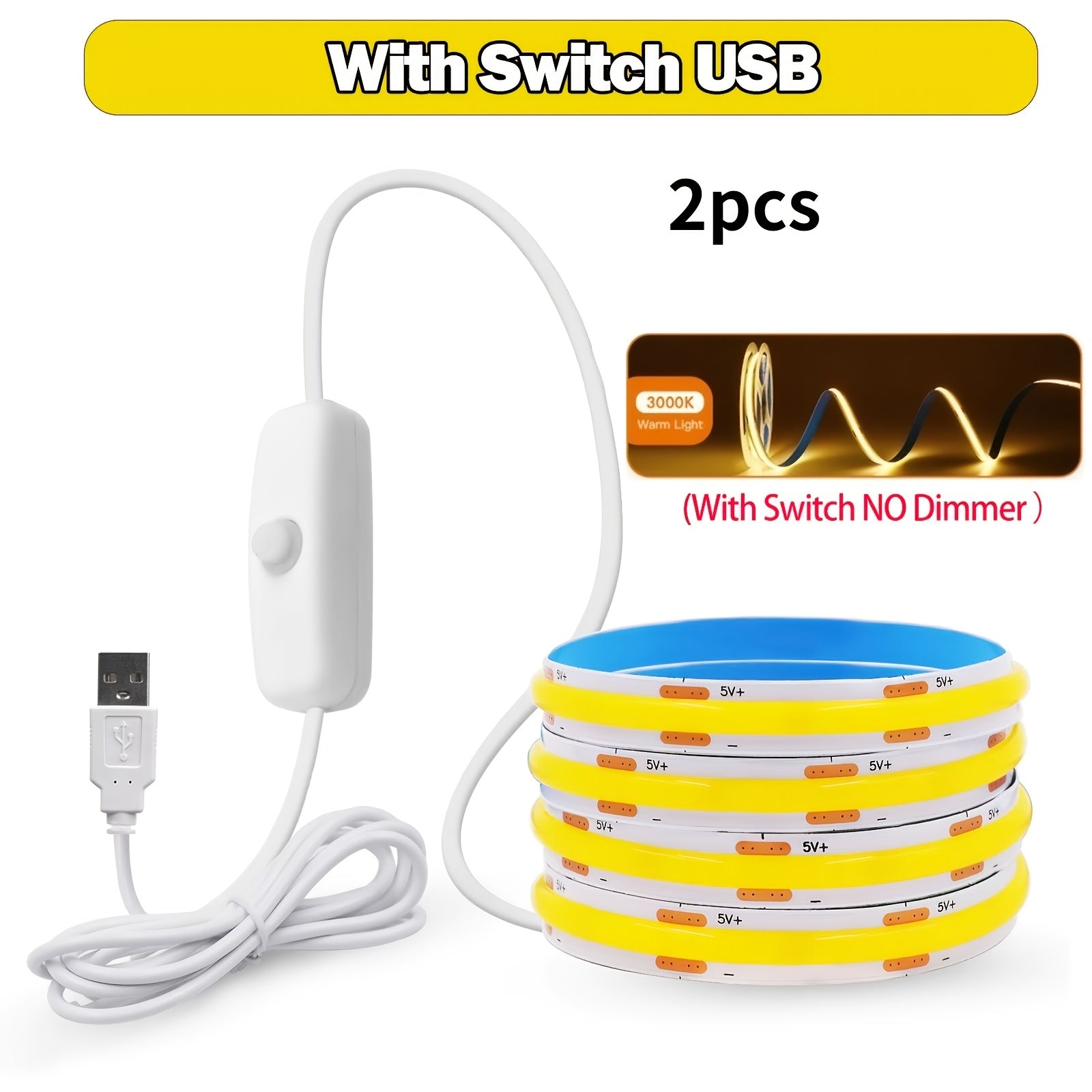 HOTU 2條裝超亮LED COB燈帶，直流5V USB供電，可自由彎曲，節能省電，適用於客廳牆面裝飾補光及背光的多場景照明