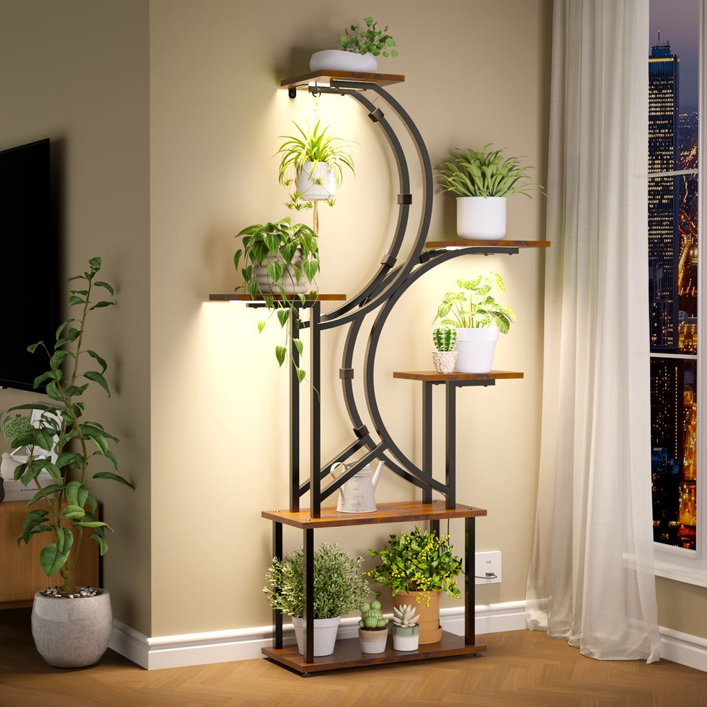 Indoor Plant Stand with Grow Light, 6/7-Tier Multi-layer Large Polygonal Metal Curved Display Shelf, Ideal for Balcony, Home Decor and Christmas Decoration